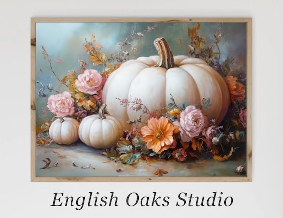 White Pumpkin with Pink Roses and Dahlia Romantic Fall Floral Art Poster