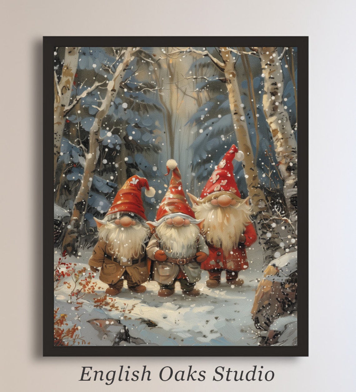 Cute Christmas Gnomes Painting Three Gnomes Snowy Forest Poster