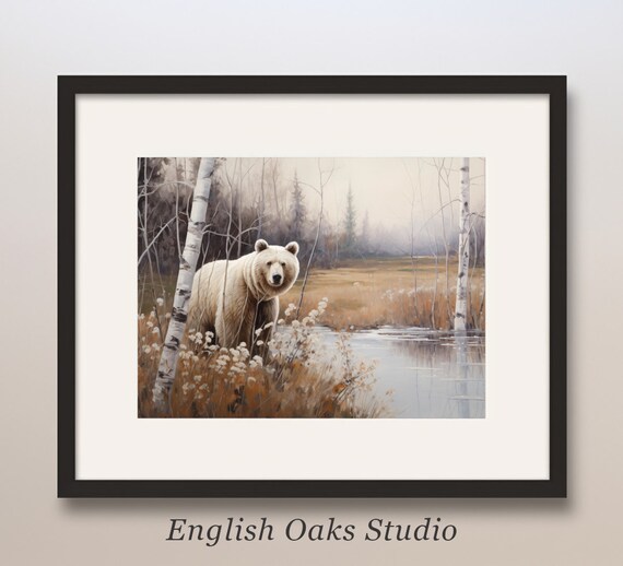 Cream Bear Standing by Autumn River Among Birch Trees Wildlife Poster