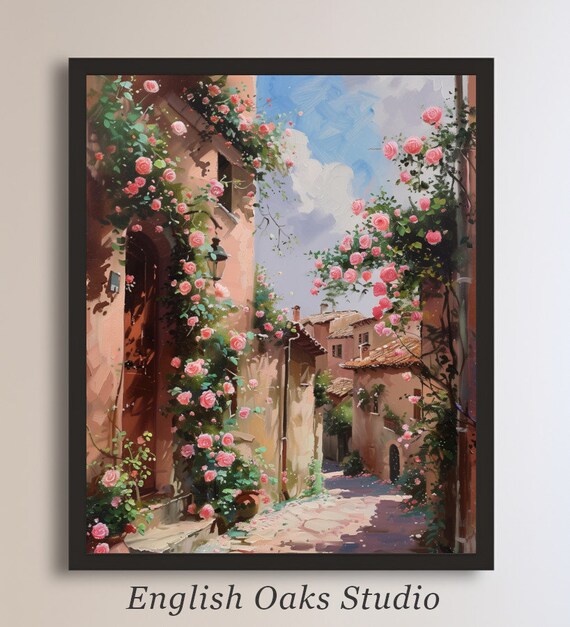 Italian Village Alley Climbing Pink Roses Vintage Summer Street Poster