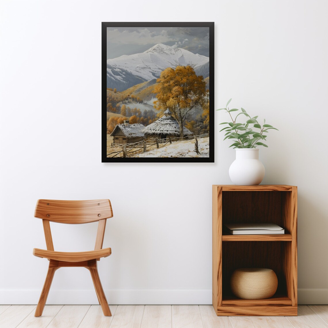 Snowcapped Mountain Peak Thatched Huts Golden Autumn Trees Winter Poster - Image 2