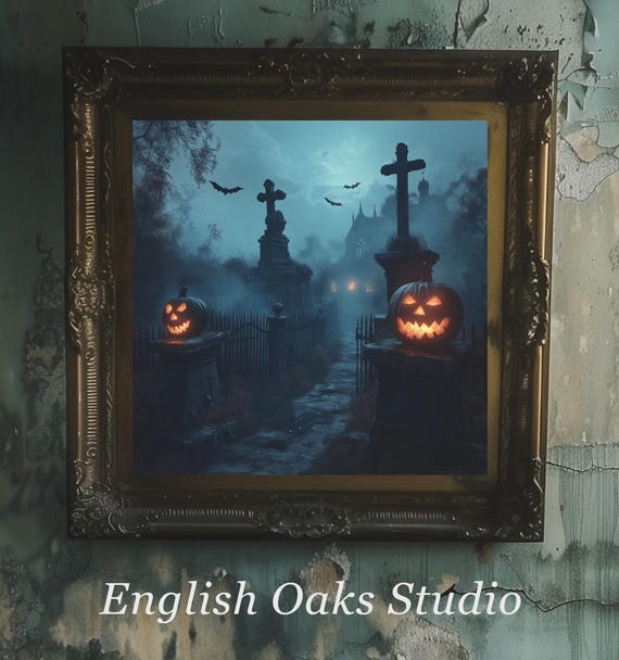 Dark Academia Goth Halloween Haunted Mansion And Two Carved Pumpkins Print Muted Neutral Moody Spooky Season Jack Olantern Painting