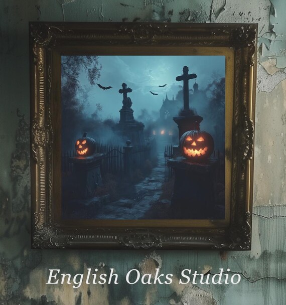 Haunted Cemetery Night Glowing Jack O Lanterns Crosses Bats Gothic Poster