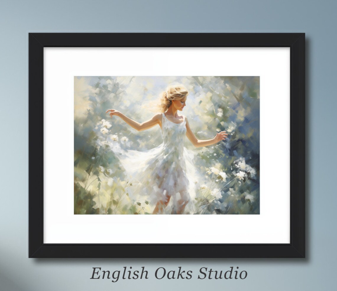 Woman in White Dress Dancing Among Wildflowers Dreamy Poster