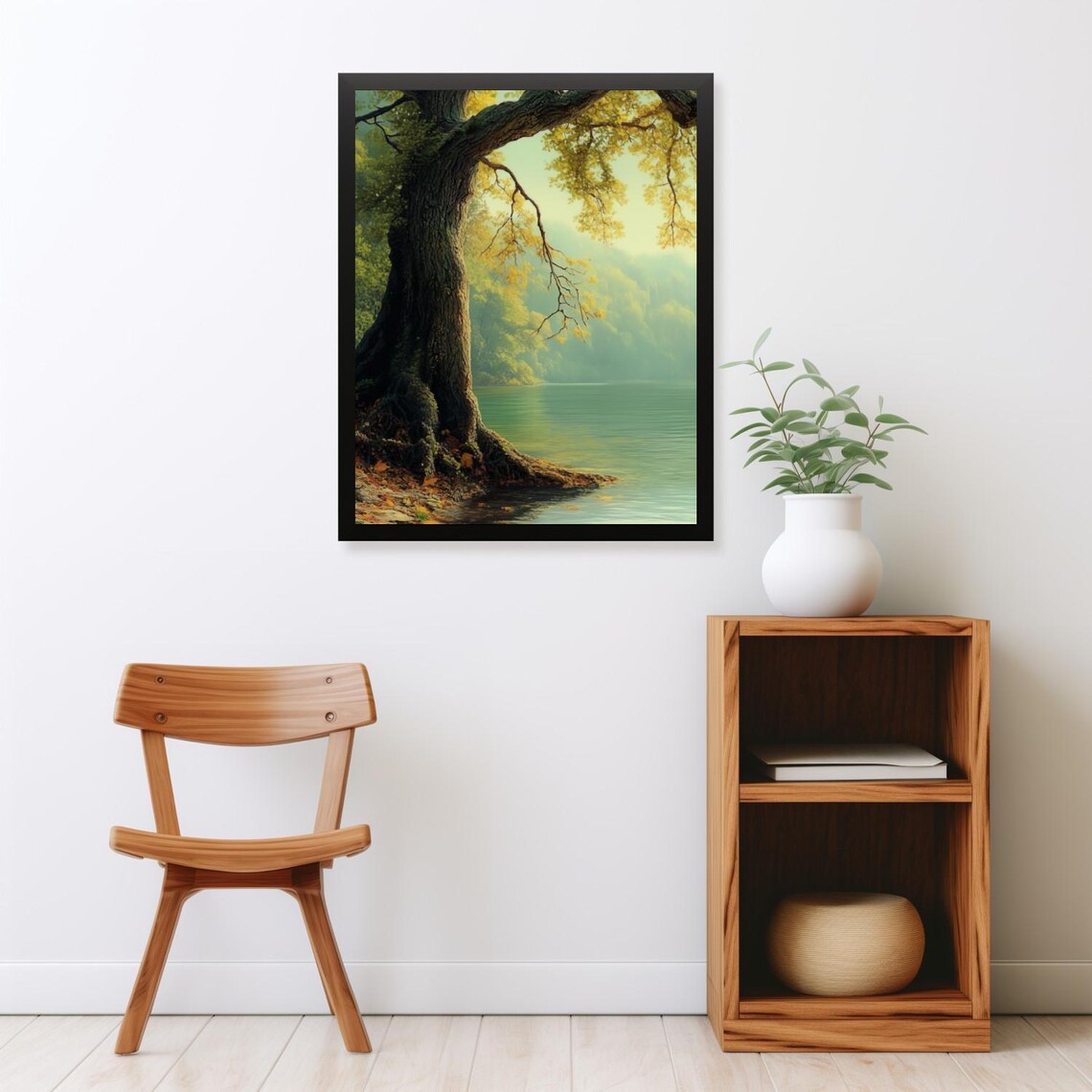 Grand Oak Tree By The River Bank Serene Green Summer Landscape Poster