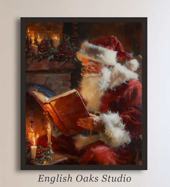 Vintage Christmas Santa Reading Book Painting Moody Cottagecore Winter Holidays Decor Wall Art Dark Academia Santa Winter 02