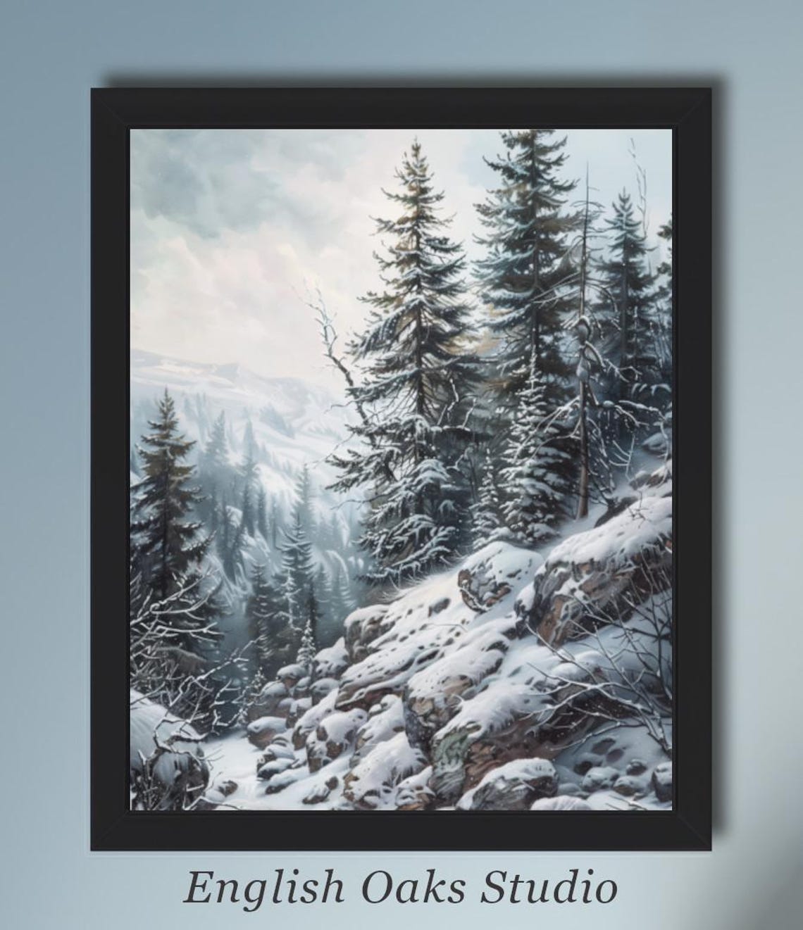 Moody Winter Mountain Pine Forest Painting Rustic Christmas Season Landscape