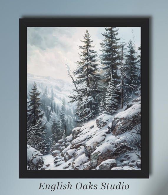 Moody Winter Mountain Pine Forest Painting Rustic Christmas Season Landscape