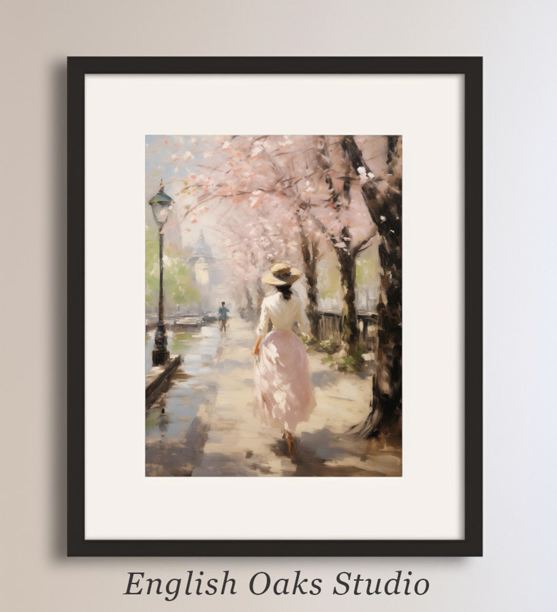 Romantic Oil Painting Of A Woman On The Street Under Cherry Trees Woman Walking In The Park Wall Art