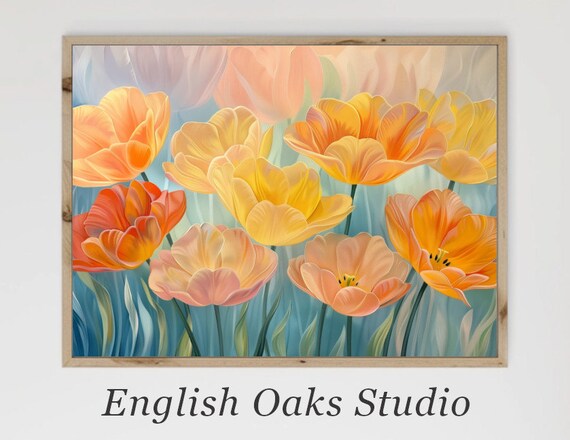 Yellow Orange Tulips Close Up Spring Bloom Floral Art Painting Poster