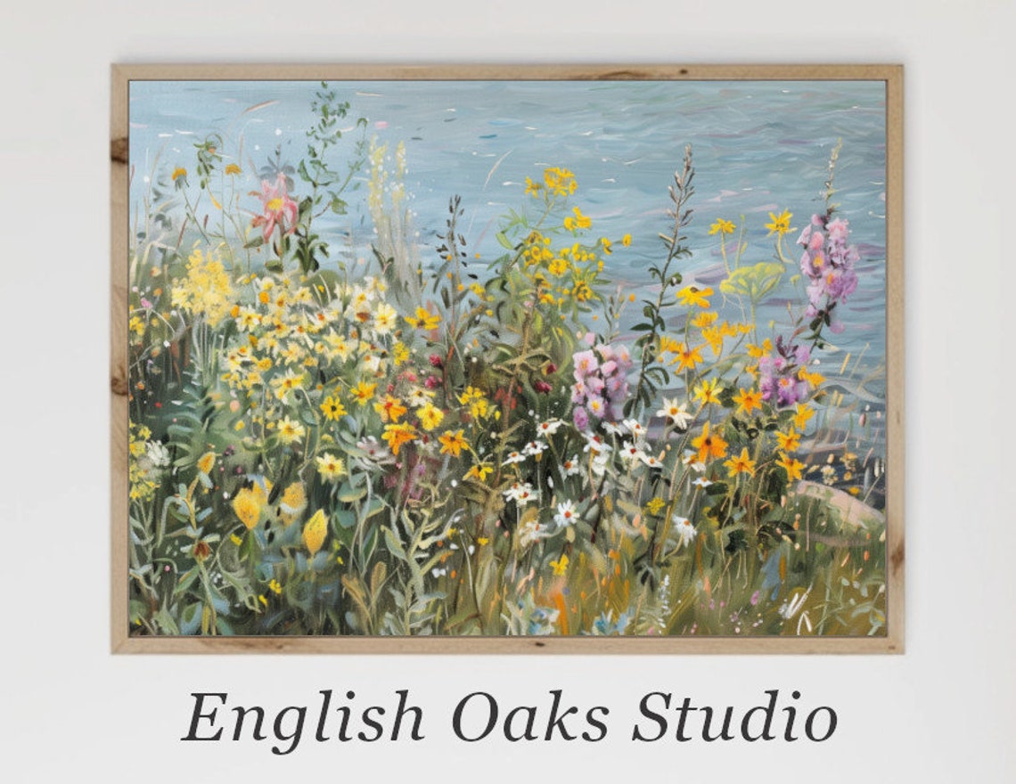 Yellow and White Wildflowers on Sunlit Lakeshore Summer Poster