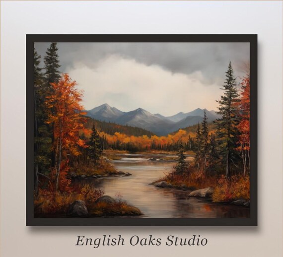 Autumn River Flowing Through Colorful Fall Forest Landscape Poster