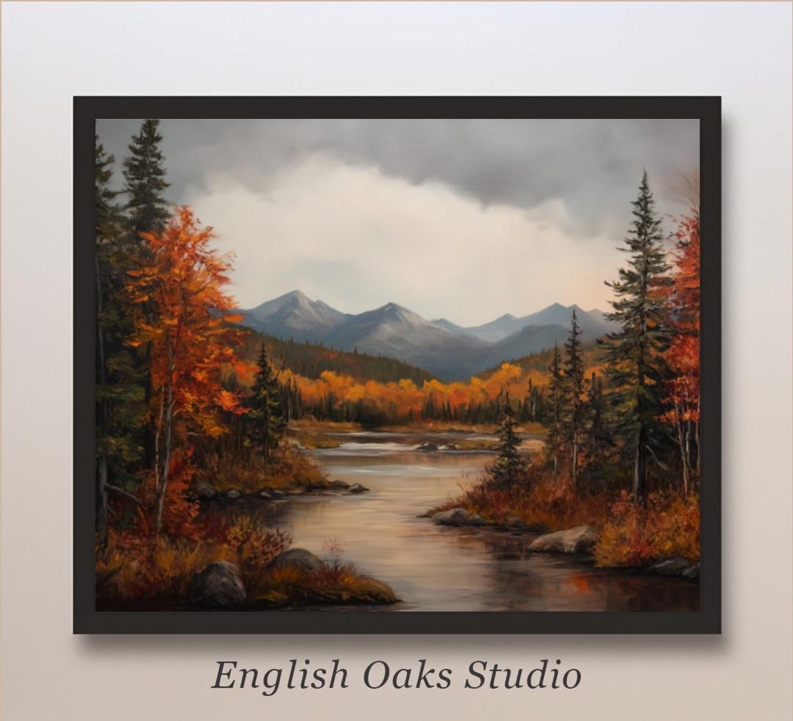 Autumn River Flowing Through Colorful Fall Forest Landscape Poster