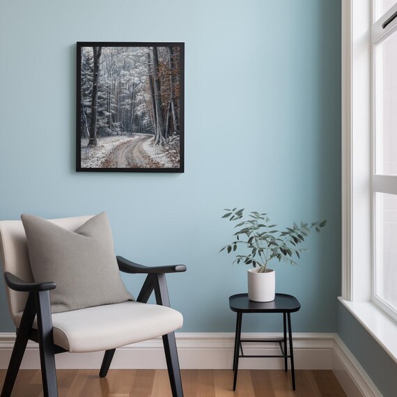 Snowy Winter Forest Path With Frosted Trees Serene Woodland Painting Poster