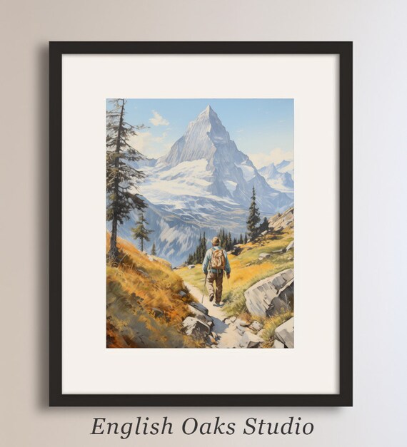 Vintage Man Hiking During Fall Painting Fall Mountain Landscape Wall Art