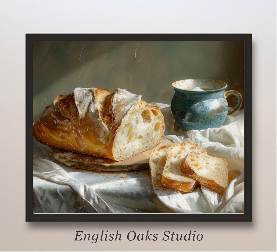 Rustic Bread Loaf Still Life Oil Painting Kitchen Art Poster