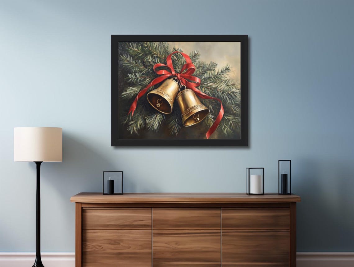 Vintage Brass Jingle Bells with Red Ribbon on Pine Branches Poster - Image 2