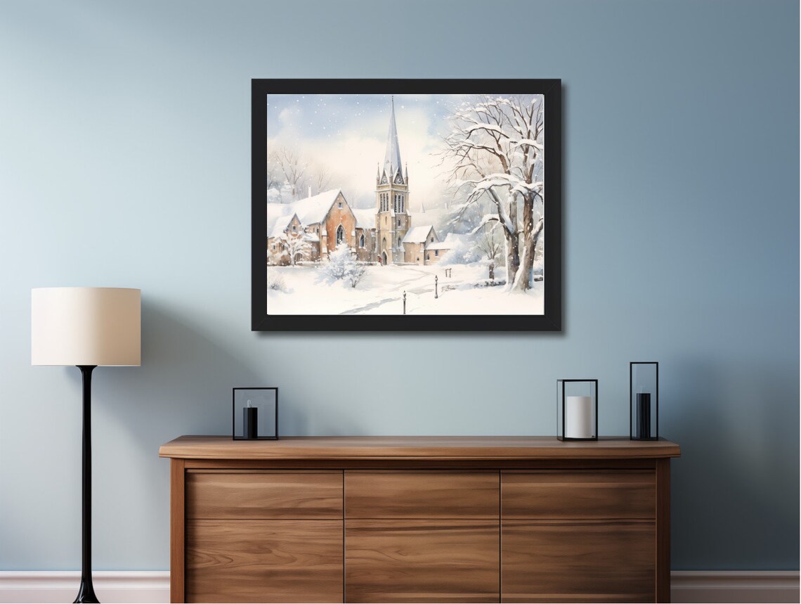Snowy Country Church Tall Spire Winter Watercolor Christmas Poster - Image 2