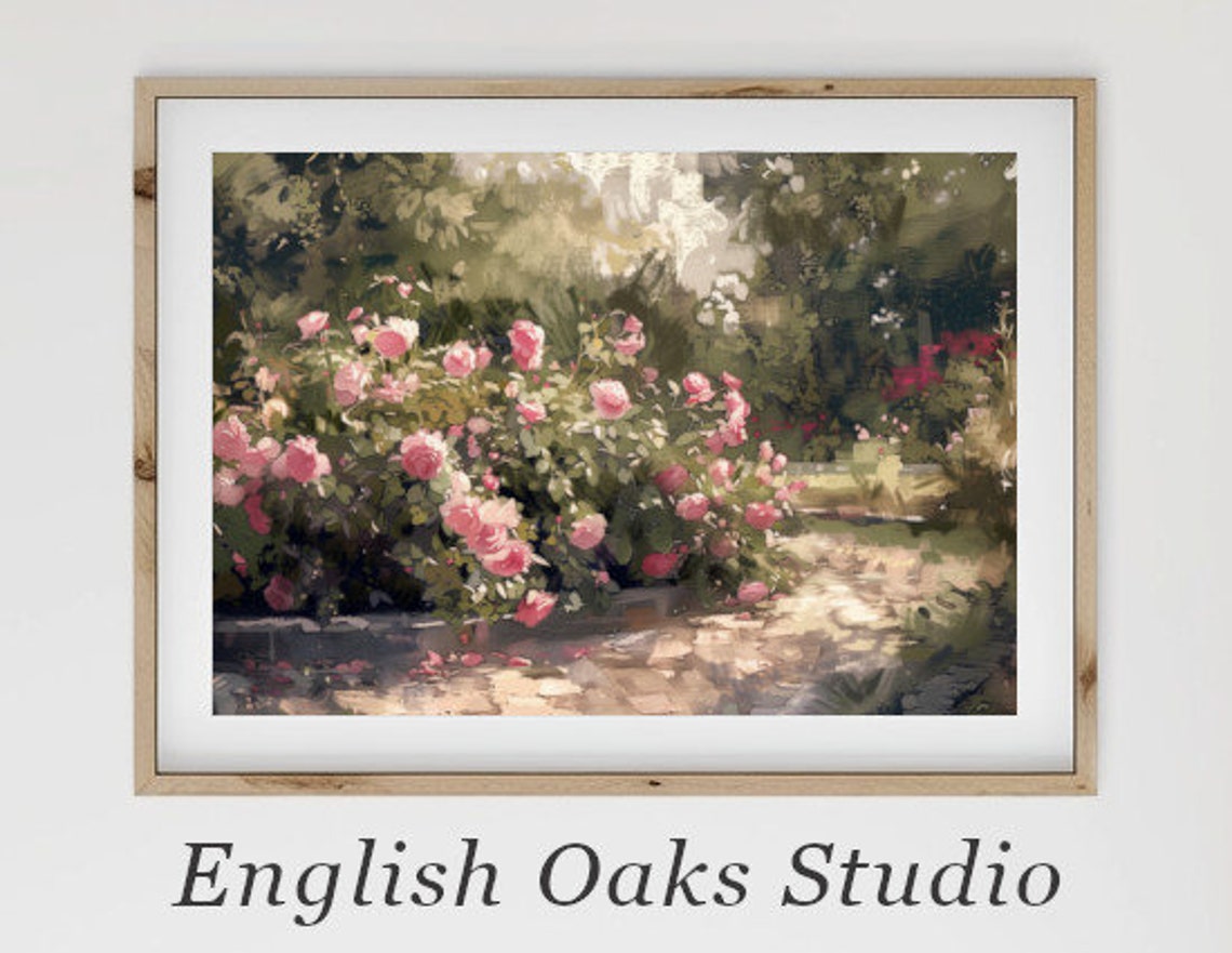 Pink Rose Garden Along A Sunlit Stone Path Vintage Cottage Poster