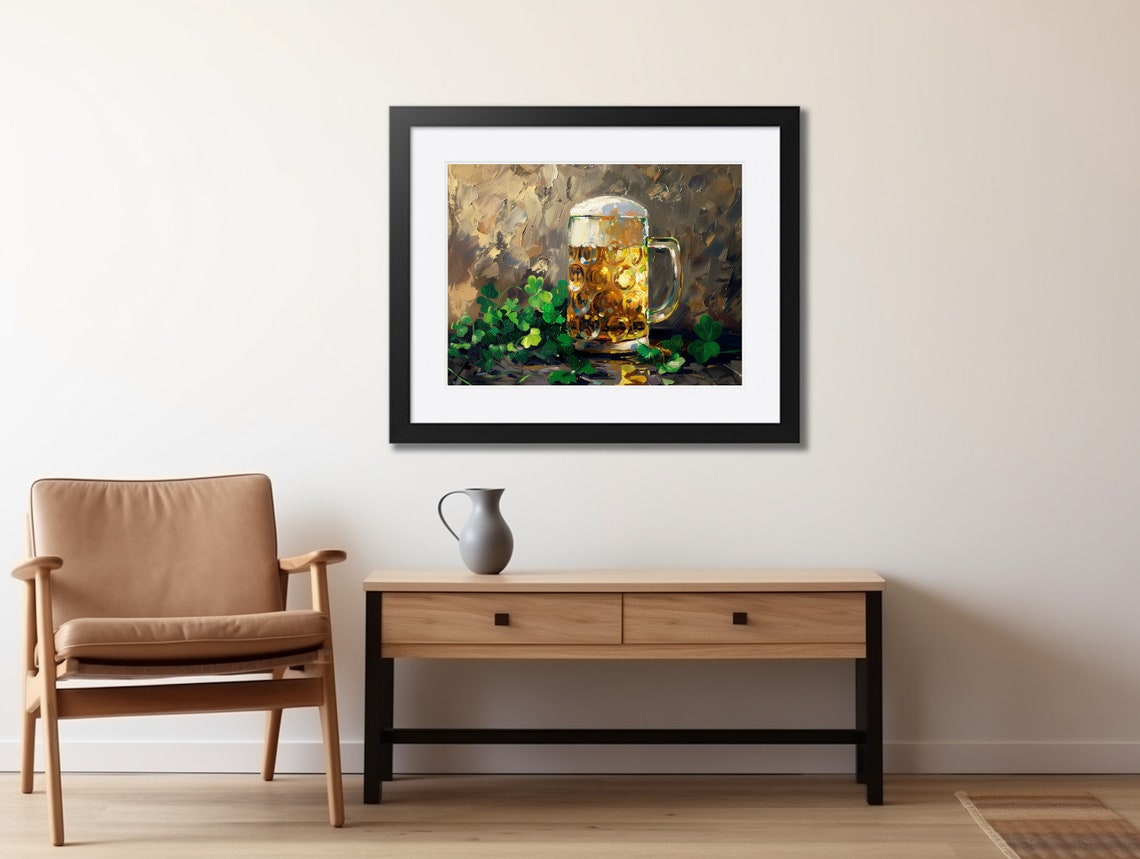 Frothy Beer Mug with Shamrocks St Patricks Day Pub Still Life Wall Art - Image 2