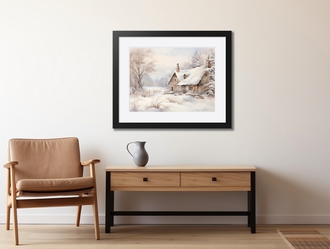 Snow Laden Stone Cottage with Thatched Roof Winter Morning Poster - Image 2