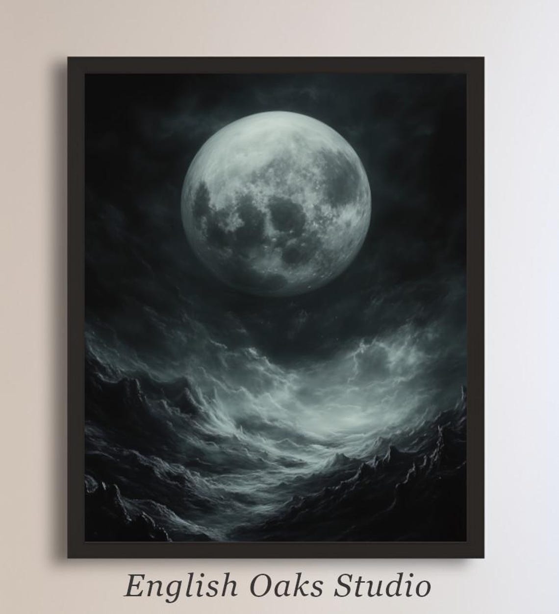 Luminous Full Moon Over Stormy Dark Sea Waves Moody Night Poster