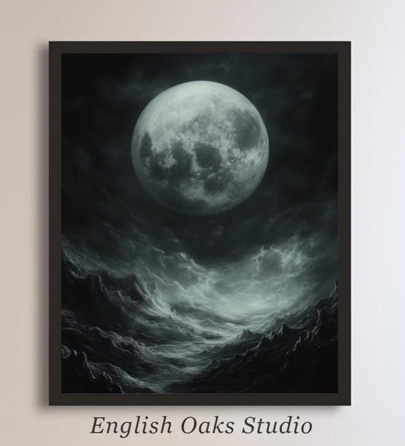 Dark Academia Moody Full Moon Twilight Restless Stormy Sea High Scary Waves Painting Halloween Spooky Goth Haunted Waves Landscape Print