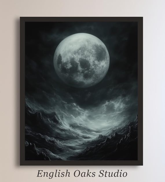 Luminous Full Moon Over Stormy Dark Sea Waves Moody Night Poster