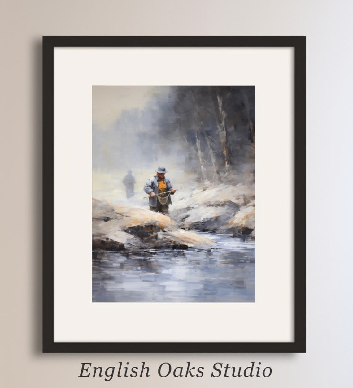 Fly Fisherman in a Misty Mountain Stream Watercolor Painting Poster