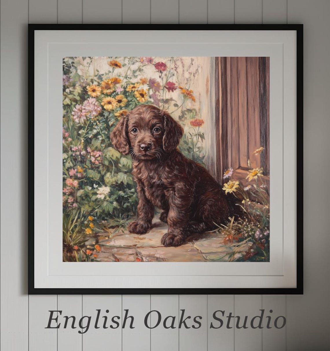 Farmhouse Brown Doodle Puppy Near The Front Door And Flowers Print Vintage Dog Painting In Summer Countryside Landscape Wall Art - Image 2