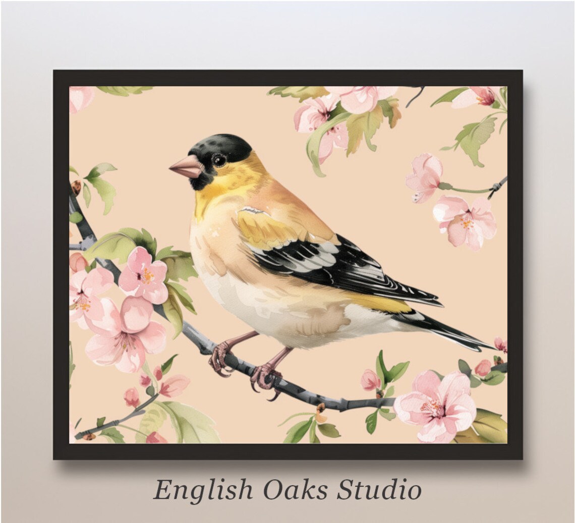 Spring Yellow Bird Cherry Blossom Tree Art Print