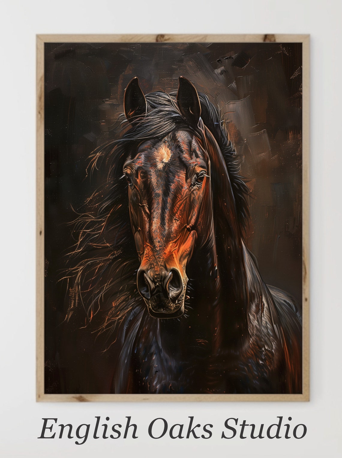 Dramatic Brown Horse Portrait Oil Painting Dark Rustic Style Poster