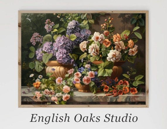 Moody Vintage Potted Plants In Bloom Painting Vintage Flower Still Life Print
