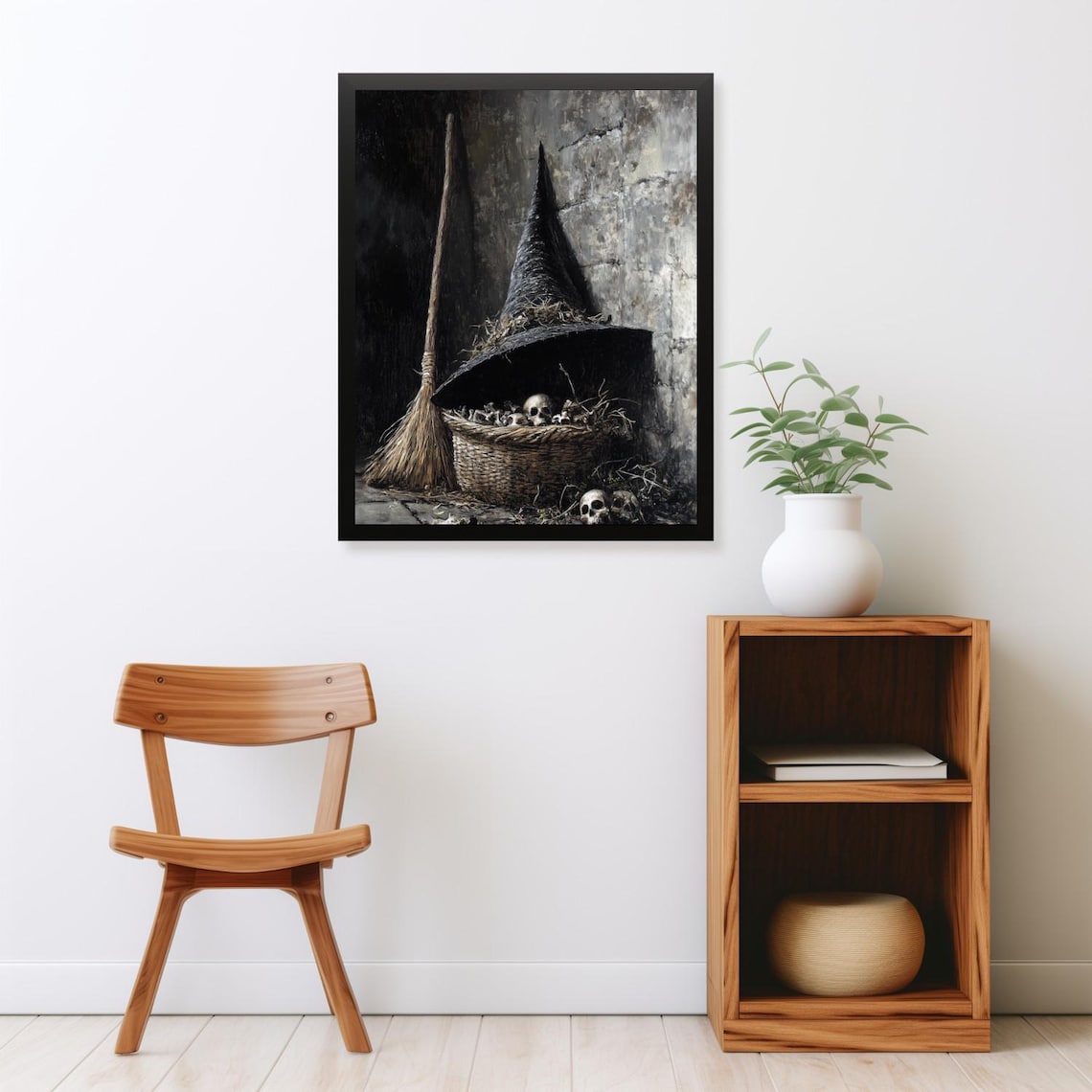 Moody Vintage Halloween Witch Hat Broom And Skulls Art Print - Image 2