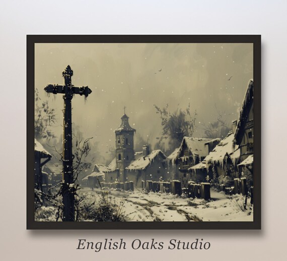 Vintage Sepia Winter Village Painting Snowy Church Scene Poster