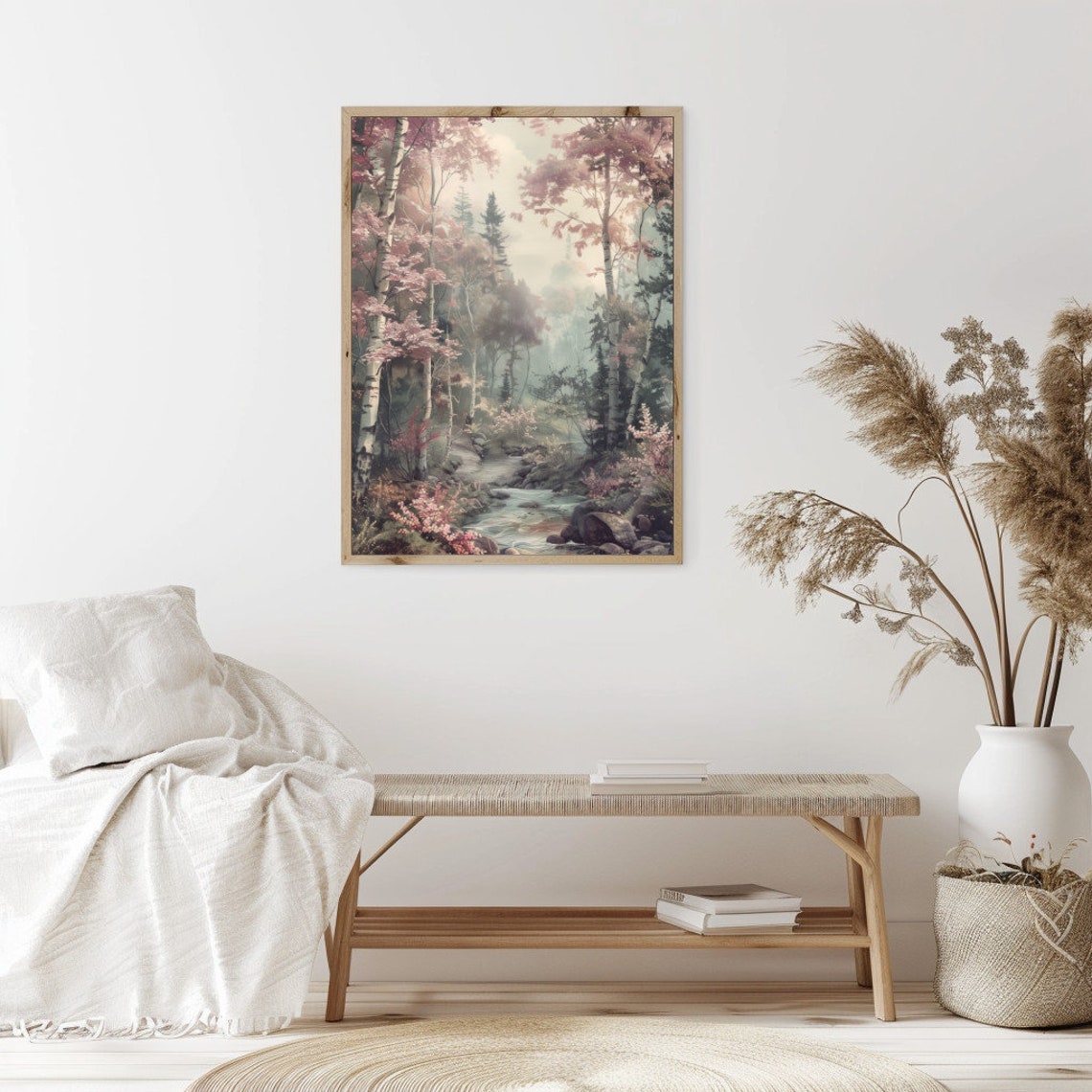 Misty Pastel Forest With Pink Blossoms And A Gentle Stream Poster - Image 2