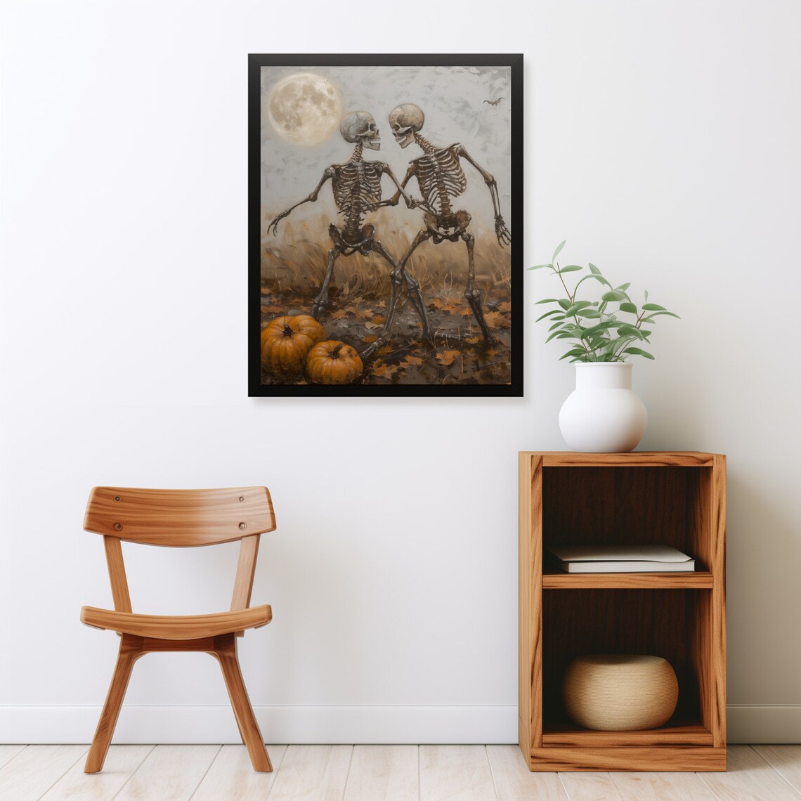Dancing Skeletons Moonlight Pumpkins Autumn Leaves Vintage Halloween Poster - Image 2