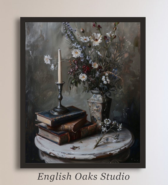 Moody Books Candle Vase Wildflowers Print Dark Academia Decor Book Flower Side Table Painting