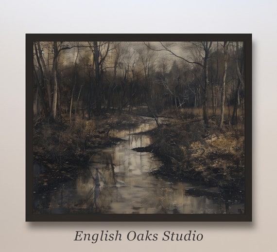 Rustic Moody River Forest Landscape Painting Vintage Dark Academia Wall Art Print