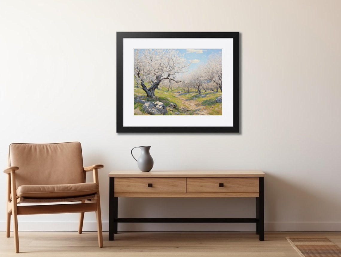 Sunny White Blossom Orchard Trees Along Rocky Path Spring Poster - Image 2