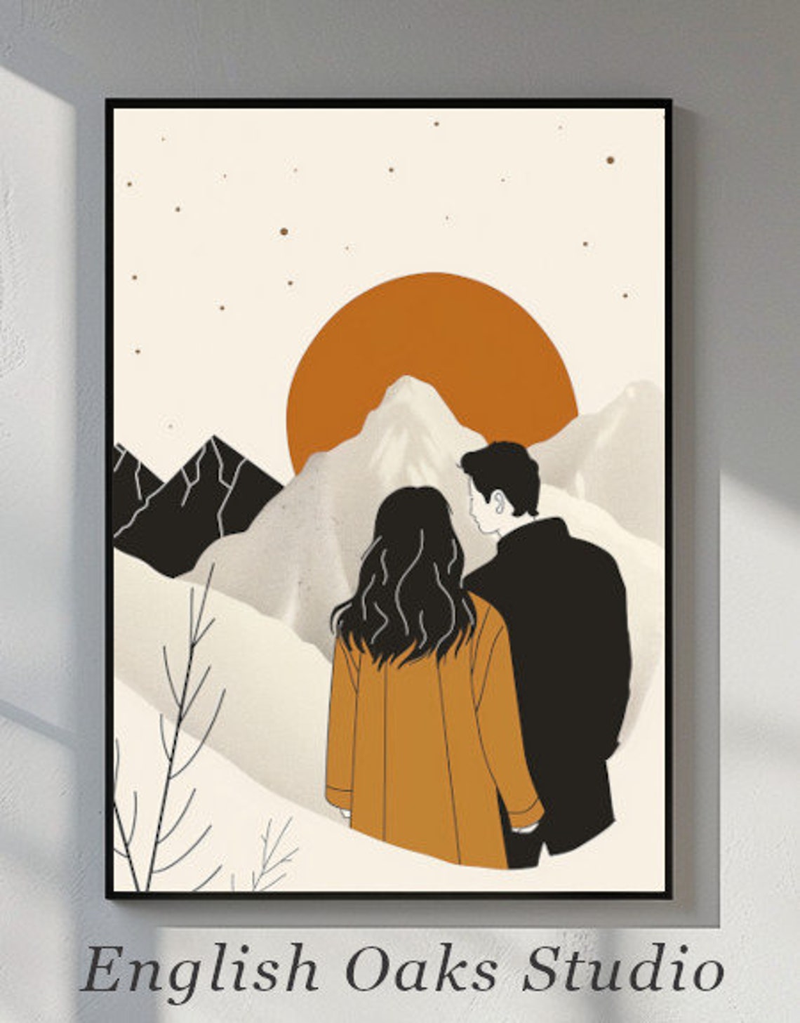 Mid Century Modern Couple Under Orange Sun Mountain Scene Poster