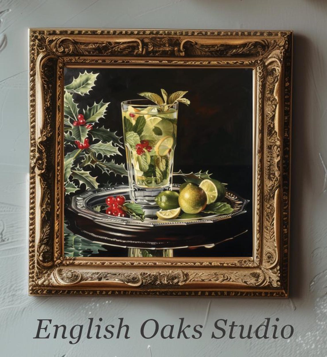 Christmas Mojito Cocktail with Holly on Silver Tray Art Poster