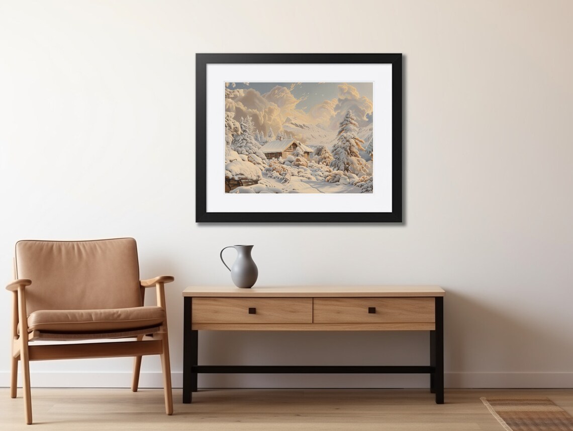 Snowy Cabin in the Mountains Winter Wonderland Oil Painting Poster - Image 2
