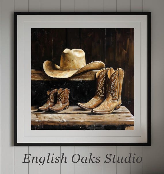 Vintage Neutral Country Aesthetic Cowboy Hat Cowboy Boots On A Wooden Bench Print Retro Western Wall Art Painting