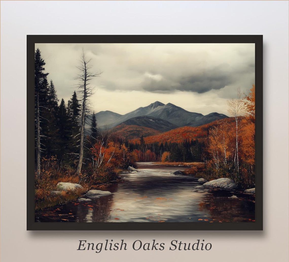 Moody Autumn River Flowing Through Fall Forest Mountains Poster
