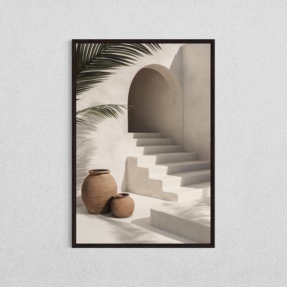 Mediterranean Staircase Archway, Minimalist Neutral Art Print