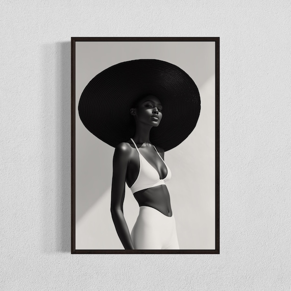 Black and White Fashion Portrait Oversized Hat Editorial Print