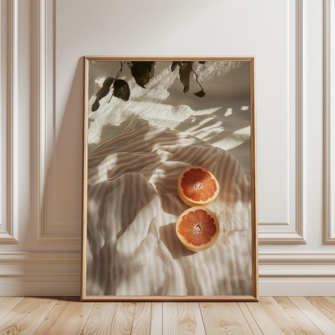 Sunlit Grapefruit Halves on Striped Linen Minimalist Photo Poster
