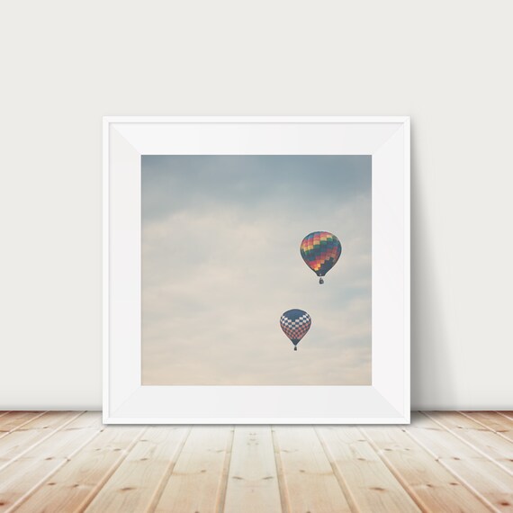 Two Colorful Hot Air Balloons Cloudy Sky Minimalist Photo Poster