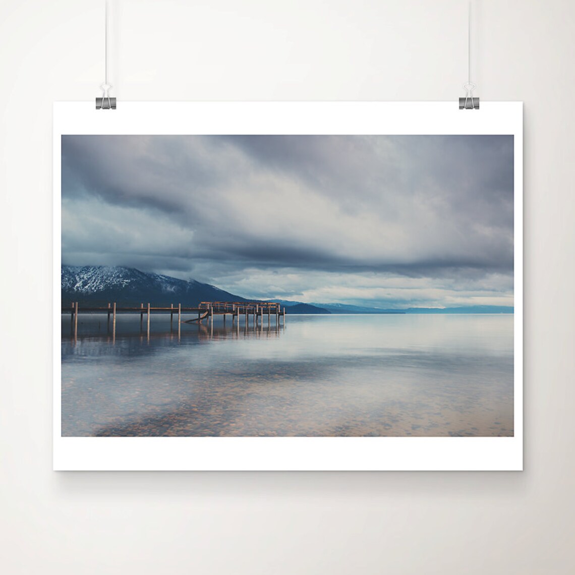 Lake Tahoe Overcast Lake Photograph Wooden Pier Mountain View Poster